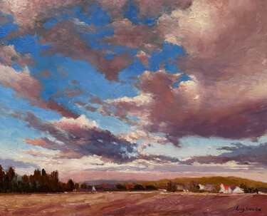 Painting titled "Dramatic Evening Sk…" by Ling Strube, Original Artwork, Oil Mounted on Other rigid panel