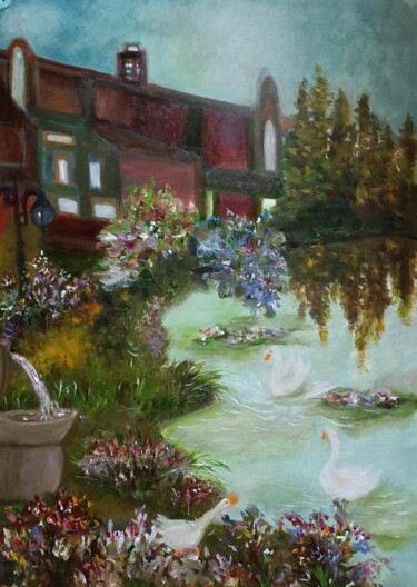 Painting titled "小天鹅湖" by Ling Long Zhu, Original Artwork, Oil