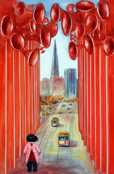 Painting titled "Red Horn Avenue" by Feng Ling, Original Artwork, Oil