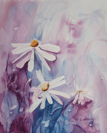 Malerei mit dem Titel "Daisies in blue" von Lin Manlow, Original-Kunstwerk, Aquarell