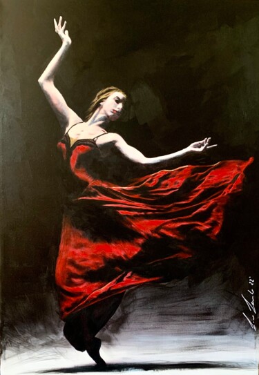 Painting titled "WOMAN IN RED DANCING" by Lino Scerbo, Original Artwork, Acrylic Mounted on Wood Stretcher frame