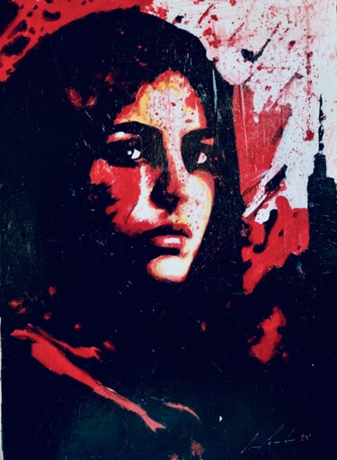 Painting titled "Iranian woman prote…" by Lino Scerbo, Original Artwork, Acrylic Mounted on Other rigid panel