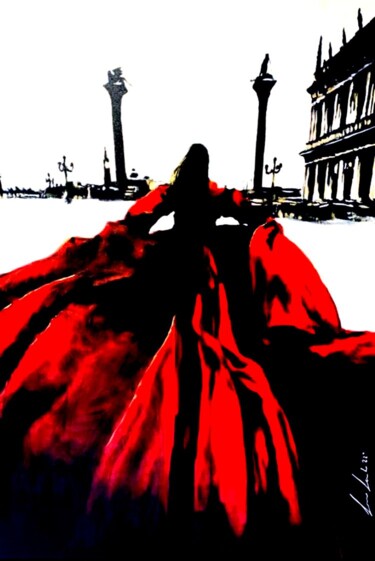 Painting titled "Woman in Red Walkin…" by Lino Scerbo, Original Artwork, Acrylic Mounted on Wood Stretcher frame