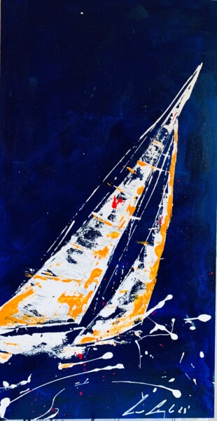 Painting titled "Barca in Regata10" by Lino Scerbo, Original Artwork, Acrylic Mounted on Wood Panel