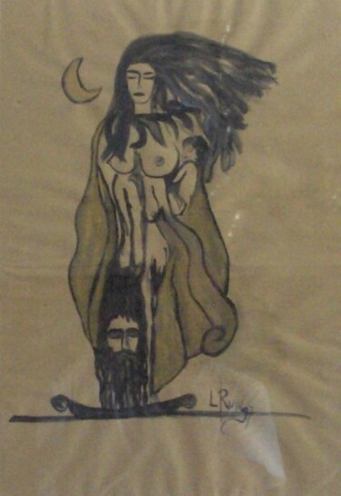 Painting titled "Le tre età" by Lino Ruiu, Original Artwork, Ink Mounted on Wood Panel