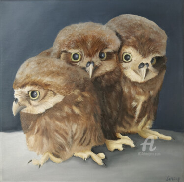 Painting titled "Les 3 chouettes" by Linsey, Original Artwork, Oil Mounted on Wood Stretcher frame