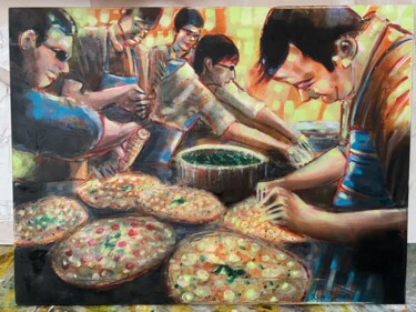 Painting titled "Pizzas" by Lion Bamon, Original Artwork, Oil