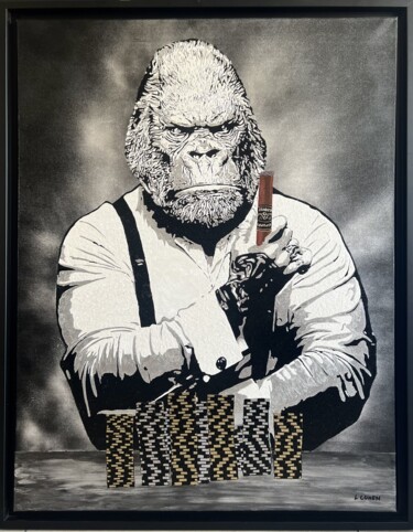 Painting titled "GORILLA CIGAR" by Lionel Cohen, Original Artwork, Acrylic Mounted on Wood Stretcher frame
