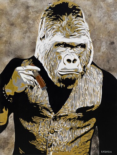 Painting titled "COHIBA GORILLA" by Lionel Cohen, Original Artwork, Acrylic Mounted on Wood Stretcher frame