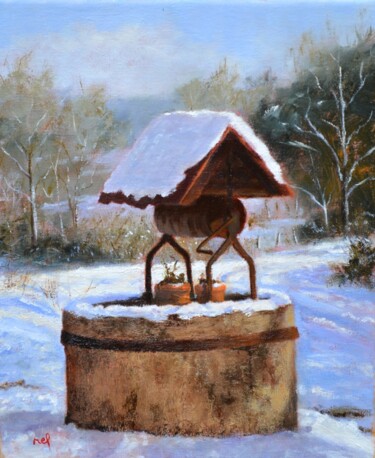 Painting titled "puits en hiver" by Lionel Crotet (nel), Original Artwork, Oil