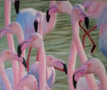 Картина под названием "Flamingos !" - Lionel Crotet (nel), Подлинное произведение искусства, Масло