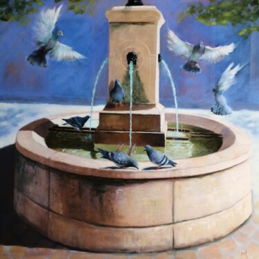 Painting titled "The pigeons fontain…" by Lionel Crotet (nel), Original Artwork, Oil