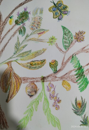 Dibujo titulada "Tree flowers fruits" por Lionel Denise, Obra de arte original, Pastel