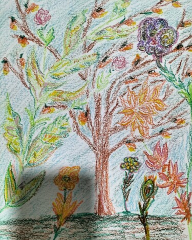 Dessin intitulée "Tree and flowers" par Lionel Denise, Œuvre d'art originale, Pastel