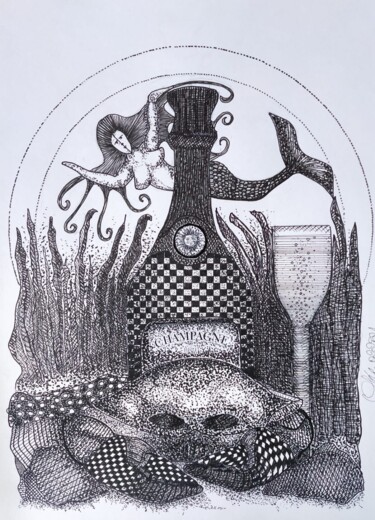 Zeichnungen mit dem Titel "WINE&CRAB" von Lionel Hosxe, Original-Kunstwerk, Marker