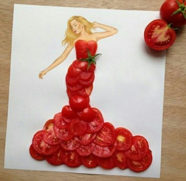 Collages intitulée "Dame Tomate" par Lionel Hounsou, Œuvre d'art originale