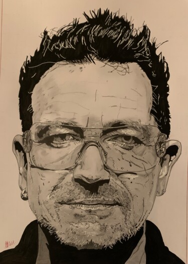 Drawing titled "Bono" by Lionel Le Breton, Original Artwork, Ink