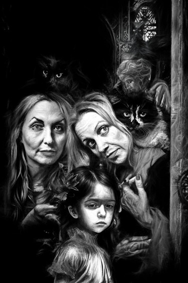 Photographie intitulée "Femmes et chats" par Lionel Morateur, Œuvre d'art originale, Peinture numérique