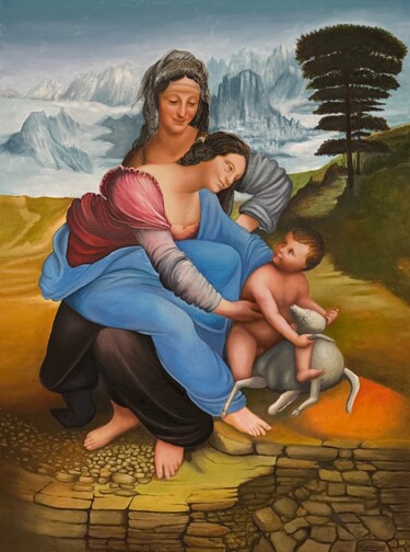 Картина под названием "La vierge marie , l…" - Liopxp, Подлинное произведение искусства, Масло Установлен на Деревянная рама…