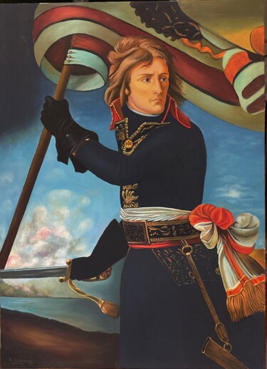 Painting titled "Bonaparte au pont d…" by Liopxp, Original Artwork, Oil Mounted on Wood Stretcher frame