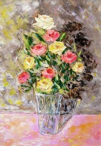 Pittura intitolato "vaso con dieci rose" da Giuseppe Liotta, Opera d'arte originale