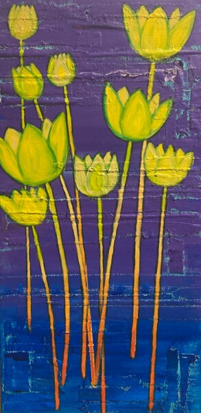 Schilderij getiteld "Tulips in Moon Glow" door Lisa Trevino, Origineel Kunstwerk, Acryl Gemonteerd op Frame voor houten bran…