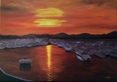 Painting titled "Sunset in the port…" by Lisa Elinor, Original Artwork, Oil