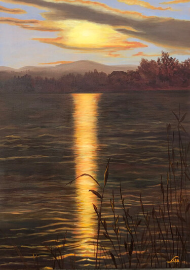 Schilderij getiteld "Golden Bridge over…" door Lisa Elinor, Origineel Kunstwerk, Olie