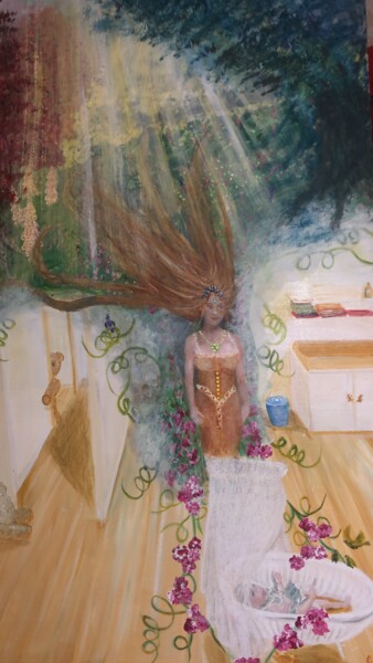 Schilderij getiteld "Het moeder visioen" door Lisa Peters, Origineel Kunstwerk, Olie Gemonteerd op Frame voor houten brancard