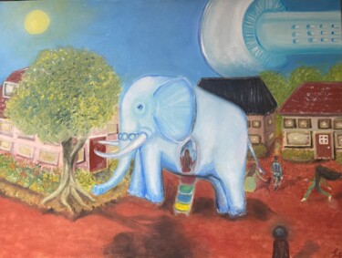 Painting titled "UFO The Elephant wo…" by Lisa Peters, Original Artwork, Acrylic Mounted on Wood Stretcher frame