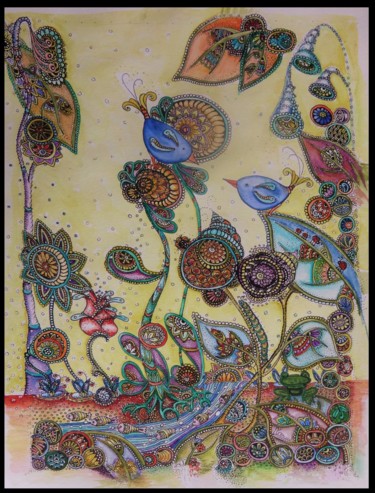 Peinture intitulée "Oiseaux bleus" par Lisa Vinial, Œuvre d'art originale, Encre