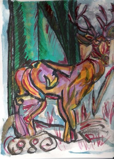 Painting titled "Deer at Night" by Lisa J. Warner, Original Artwork, Oil