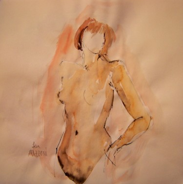 Painting titled "Nu sur papier" by Lisa Mazzoni, Original Artwork, Watercolor