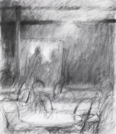 Disegno intitolato "Café Interior" da Lisa Tennant, Opera d'arte originale, Carbone