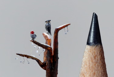 Sculpture intitulée "2 Hiboux" par Marie Cohydon, Œuvre d'art originale, Aquarelle