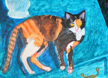 Painting titled "Cat on a turquoise…" by Liuba Zdor, Original Artwork, Acrylic
