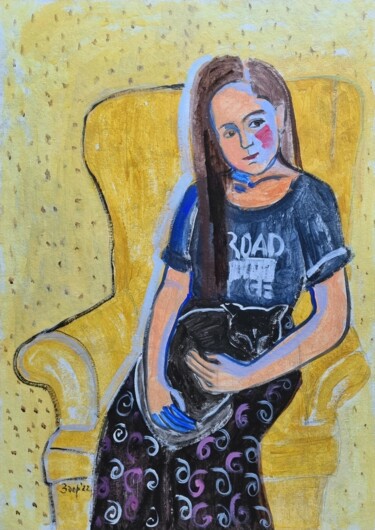 Painting titled "Girl in a yellow ar…" by Liuba Zdor, Original Artwork, Acrylic