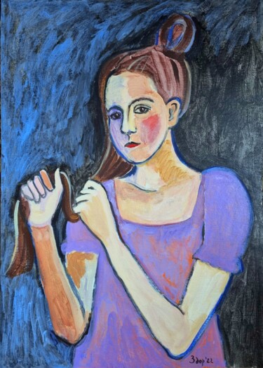 Картина под названием "Girl unwinding hair" - Liuba Zdor, Подлинное произведение искусства, Акрил