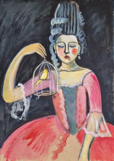 Peinture intitulée "Girl with a canary" par Liuba Zdor, Œuvre d'art originale, Acrylique
