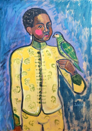 Картина под названием "The parrot caretaker" - Liuba Zdor, Подлинное произведение искусства, Акрил