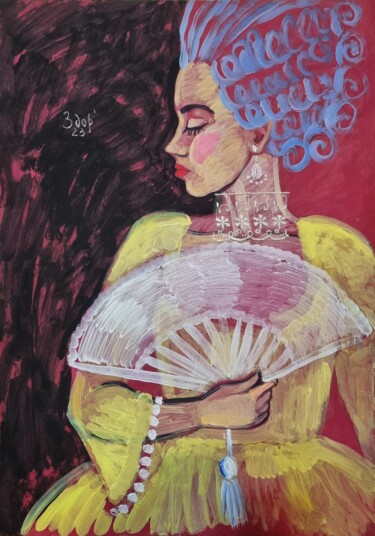 Painting titled "Girl with a fan" by Liuba Zdor, Original Artwork, Acrylic