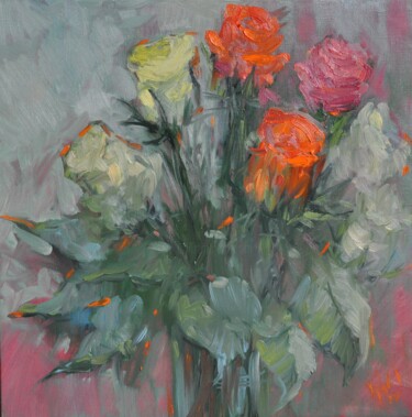 Peinture intitulée "Bouquet of roses" par Liubomyr Khudiak, Œuvre d'art originale, Huile