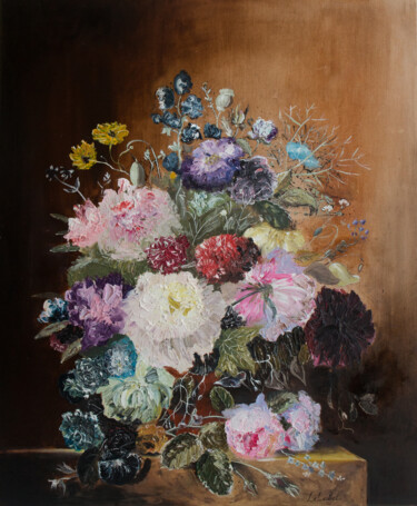 Painting titled "Bouquet on a marble…" by Lala Belyaevskaya (Lalabel), Original Artwork, Oil Mounted on Wood Stretcher frame