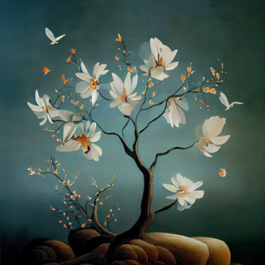 Digital Arts titled "Blooming magnolia" by Lala Belyaevskaya (Lalabel), Original Artwork, Digital Painting
