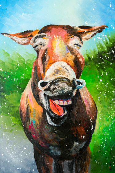 Painting titled ""Can animals smile?"" by Liubov Kuptsova, Original Artwork, Oil Mounted on Wood Stretcher frame