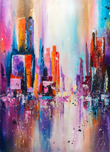 Painting titled ""City on sunset lig…" by Liubov Kuptsova, Original Artwork, Oil