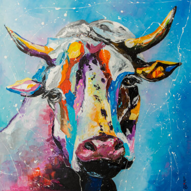 Painting titled "Colorful cow" by Liubov Kuptsova, Original Artwork, Oil