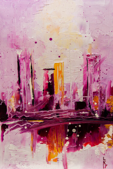Painting titled "Purple city" by Liubov Kuptsova, Original Artwork, Oil