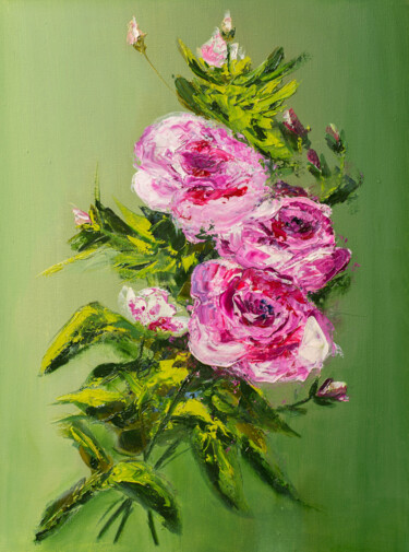 Painting titled "Roses" by Liubov Kuptsova, Original Artwork, Oil Mounted on Wood Stretcher frame