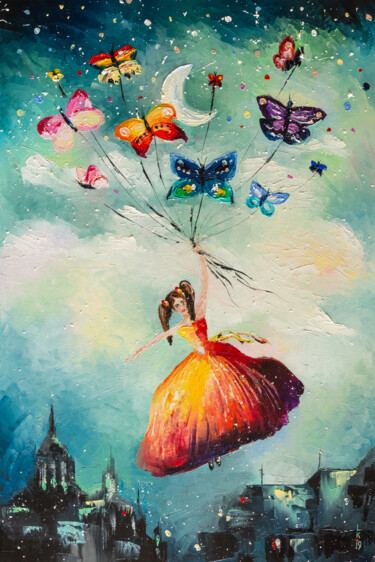 Painting titled "FLY AWAY" by Liubov Kuptsova, Original Artwork, Oil Mounted on Wood Stretcher frame